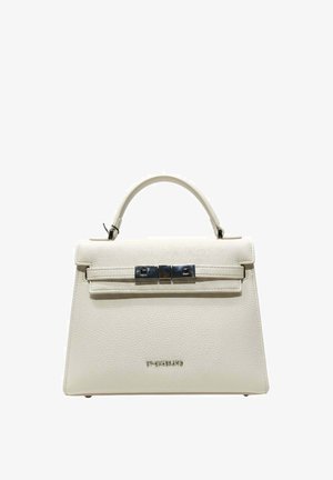Sac à main en cuir blanc texturé avec poignée supérieure et fermeture à boucle argentée, forme rectangulaire, petit logo de la marque centré près de la base.