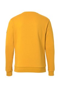 Sudadera amarilla con cuello redondo, mangas largas, puños y dobladillo acanalados. Textura suave, sin patrones ni elementos metálicos visibles.