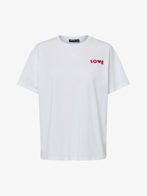 White short-sleeve t-shirt with red "LOVE" text on upper left chest, featuring a heart shape replacing the letter "O".
