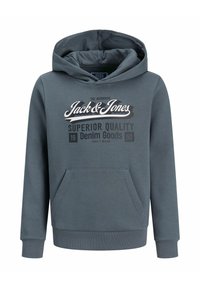 Šedá mikina s kapucí a přední kapsou. Obsahuje tištěné logo "Jack & Jones" a text "Superior Quality Denim Goods" v bílé a černé barvě.