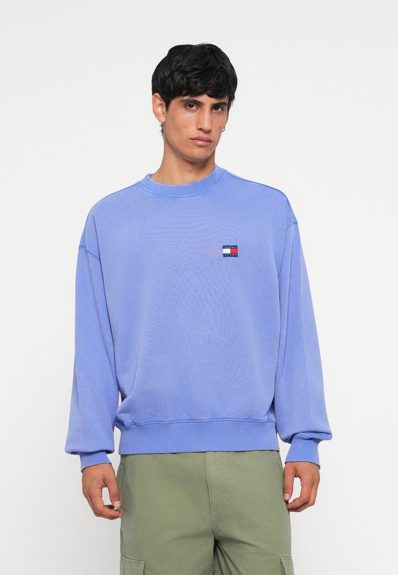 Sudadera azul claro de gran tamaño con mangas largas, cuello redondo acanalado y un pequeño parche de logo en el pecho. Textura de algodón suave.