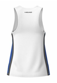 Camiseta deportiva blanca sin mangas con diseño de espalda nadadora, que presenta acentos laterales en azul y gris y el logo "HEAD" en negro en la parte posterior.