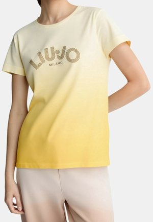 Gelbes Gradient-T-Shirt mit kurzen Ärmeln und der Aufschrift "LIUJO MILANO" in verzierten Buchstaben. Hergestellt aus weichem Stoff mit Rundhalsausschnitt.