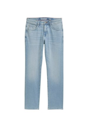 Jeans de mezclilla azul claro con diseño de pierna recta, cinco bolsillos y un ligero desgaste para un efecto usado. Cierre de botón y cremallera en la cintura.