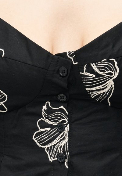 Κοντινή λήψη μαύρου ενδύματος με μαύρα κουμπιά και λευκά κεντημένα λουλουδένια σχέδια κατά μήκος της μπροστινής κεντρικής ραφής.