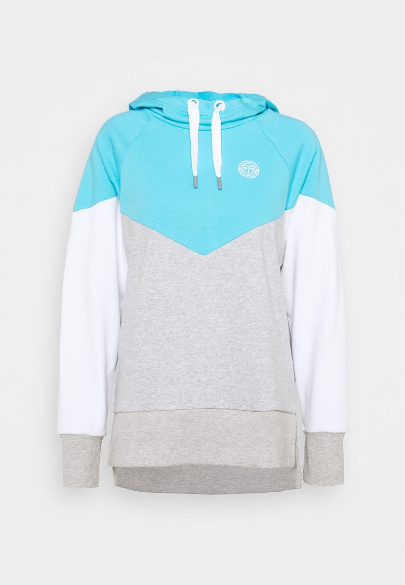 Sweat à capuche à manches longues avec capuche et poitrine turquoise, manches blanches au milieu, corps et poignets gris clair.