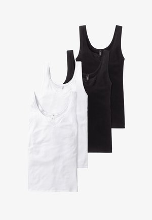 Quatre débardeurs en coton : deux blancs avec une bordure en dentelle et deux noirs, présentant un design simple et une coupe sans manches, disposés par paires.