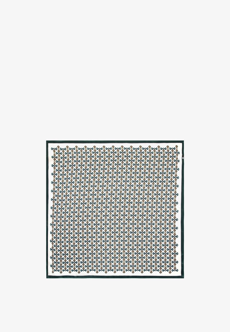 Vierkante zijden sjaal met een geometrisch patroon van bruine en blauwe motieven op een witte achtergrond, omzoomd met donkergroen.