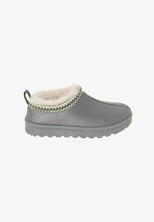 Gray slip-on shoe with a soft, faux fur lining, decorative stitching, and a textured rubber sole. Features a small pull tab at the back.