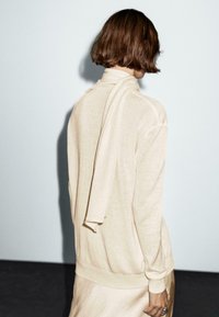 Beige knitted sweater with a high neck and elongated sleeves, featuring a draped scarf detail at the back and a ribbed hem.