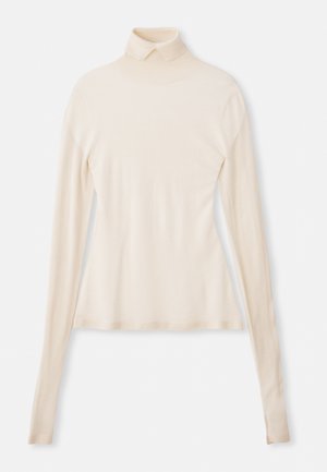 Maglione a collo alto crema realizzato in un tessuto morbido e liscio, caratterizzato da maniche lunghe, una silhouette aderente e una leggera elasticità per garantire comfort.