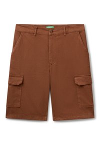 Hnědé cargo šortky vyrobené z lehkého materiálu, s dvěma bočními kapsami a dvěma cargo kapsami, s poutky na opasek a zapínáním na knoflík.