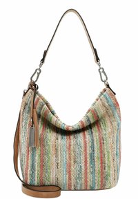 Sac hobo tissé en fibres multicolores avec des rayures vertes, rouges et bleues. Dispose d'une bandoulière en cuir beige et d'une accent en métal.