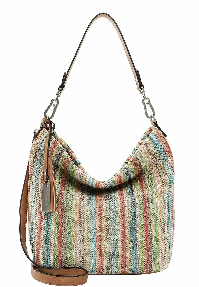 Sac hobo tissé en fibres multicolores avec des rayures vertes, rouges et bleues. Dispose d'une bandoulière en cuir beige et d'une accent en métal.