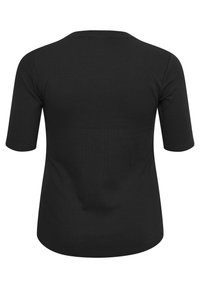 Top negro, ligero y de manga corta con escote redondo. Textura suave, corte ajustado y dobladillo curvado en la parte inferior. Vista trasera únicamente.