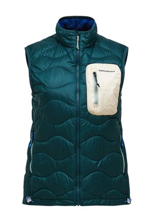 Dunkelgrüne gesteppte ärmellose Weste mit hohem Kragen, Frontreißverschluss und beiger Reißverschlusstasche auf der rechten Brustseite.