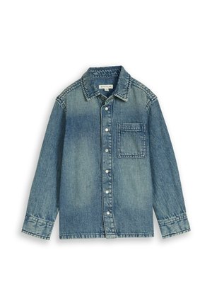 Blue denim button-up shirt with long sleeves and a single chest pocket, laid flat on a white background.