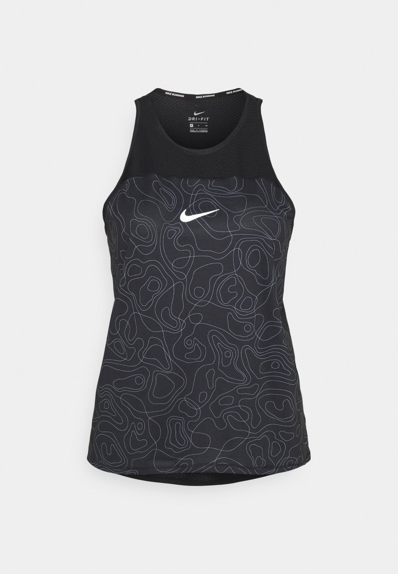 Débardeur de course noir Nike en tissu Dri-FIT, motif de lignes de contour blanches, avec logo Nike swoosh blanc centré sur la poitrine.