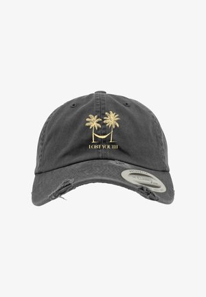 Gray cap with a distressed brim featuring gold embroidered palm trees and the text "I Lost Youth" below, made of soft cotton material.