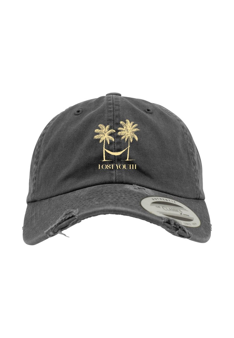 Siva kapa z raztrganim robom, ki ima zlato vezenje palm in napis "Izgubil sem mladost" spodaj, narejena iz mehkega bombažnega materiala.