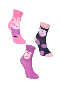 Tres pares de calcetines para niños: rosa con una cara de dibujos animados, morado con una cara sonriente y azul marino con lunares y una cara de personaje.