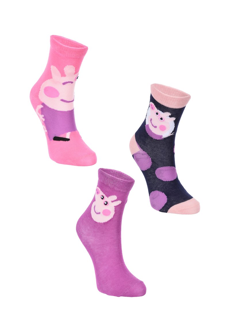 Tres pares de calcetines para niños: rosa con una cara de dibujos animados, morado con una cara sonriente y azul marino con lunares y una cara de personaje.