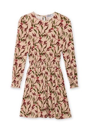 Vestido floral de manga larga en beige con patrones de hojas rojas y verdes, cintura fruncida y mangas abullonadas con puños elásticos. Escote redondo.