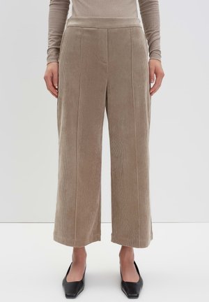 Beige wijde, cropped corduroy broeken gedragen met een lange mouwen top en zwarte puntige schoenen op een witte achtergrond.