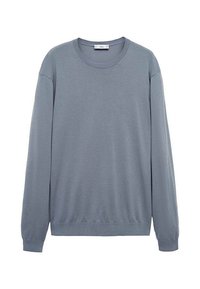 Langärmliger Rundhals-Pullover in einem einfarbigen, gedämpften Blau, mit gerippten Bündchen und Saum, auf einem weißen Hintergrund präsentiert.