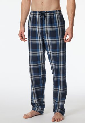 Blaue und graue karierte Lounge-Hosen mit einem elastischen Bund und Kordelzug, aus weichem Baumwollmaterial und mit lockerem Schnitt.