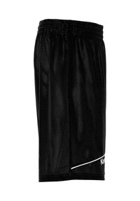 Shorts de sport en mesh noir avec taille élastique, ornés d'une bande diagonale blanche et d'un logo sur l'ourlet inférieur. Design léger et respirant.