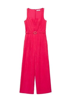 Salopetă fără mâneci de culoare fucsia, cu un bust mulat, design cu picioare largi și o curea cu o cataramă rotundă aurie. Textură netedă și fermoar invizibil.