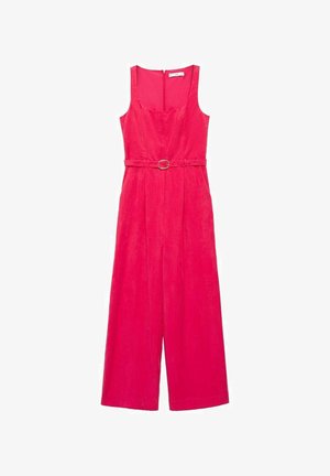 Fuchsiakleurige mouwloze jumpsuit met een aansluitend lijfje, een brede pijpenontwerp en een riem met een ronde gouden gesp. Soepele textuur en onzichtbare rits.