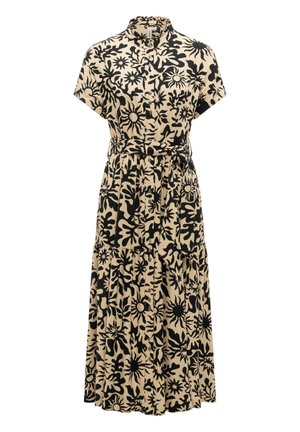 Beige midi-kjole med knapper, korte ærmer, sort abstrakt sol- og blomstermønster, flæsekant ved halsen og matchende stofbælte bundet i taljen.