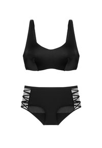 Juoda bikini viršutinė dalis su plačiomis petnešėlėmis ir apvaliomis iškirpėmis; aukštas maudymosi kostiumėlio dugnas su tinklinėmis detalėmis ir kryžminiais akcentais šonuose.
