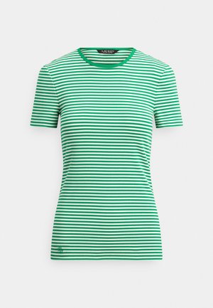 Green and white horizontal striped short-sleeve fitted t-shirt with crew neckline and small embroidered logo near hem.
