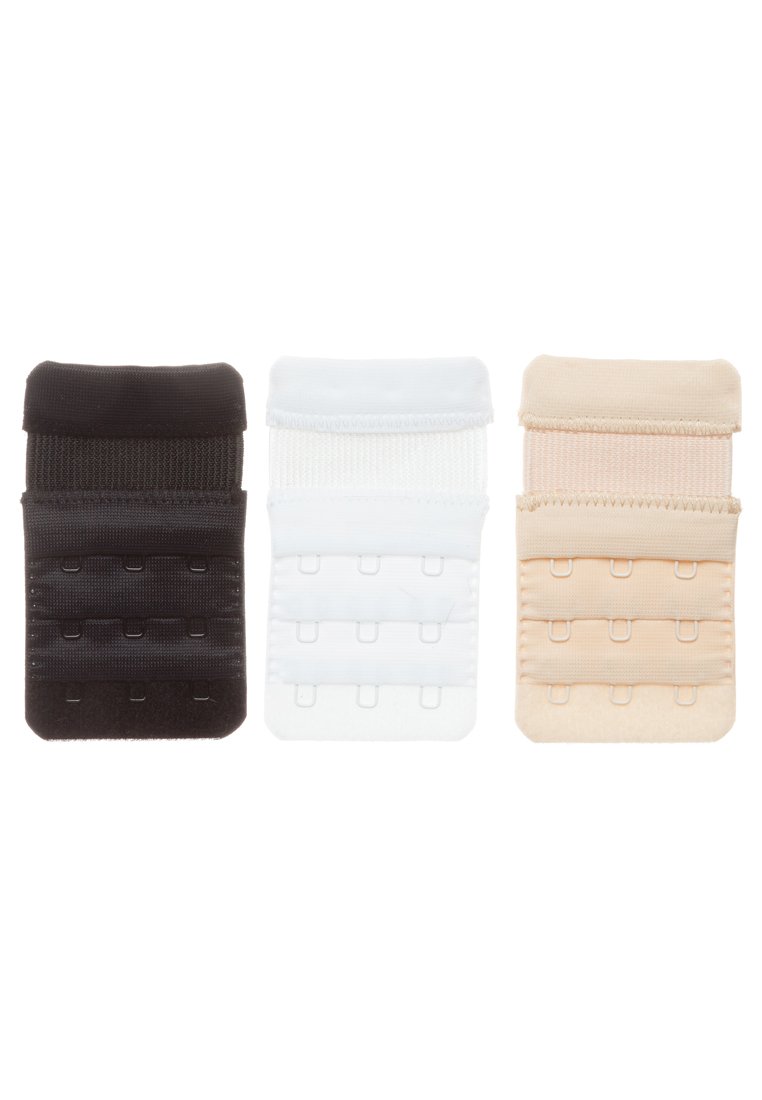 Three bra extender pieces in black, white, and nude. Each features hooks and loops for secure attachment. Made of soft, elastic fabric.