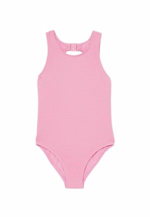 Roosa tekstuuriga õlata ühes tükis ujumistrikoo, millel on kõrge kaelus ja tagaküljel kinnituse sulgur.