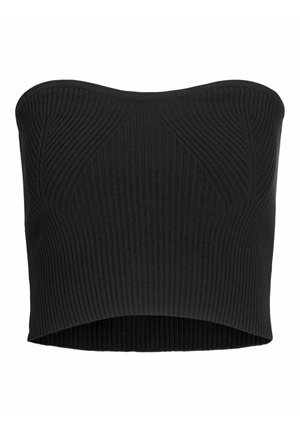 Sort ribbet bandeau top med en glat overflade og et tætsiddende design, der har en buet halslinje og en sømløs kant forneden.