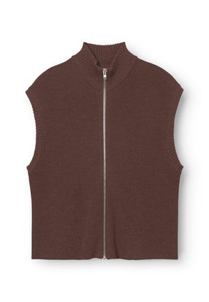 Top sin mangas de punto marrón con cuello alto y cremallera frontal, con textura acanalada y un ajuste abierto y relajado.