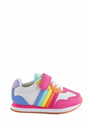Sneaker with white canvas upper, pink, orange, yellow, and blue accents. Velcro strap, round toe, and textured rubber sole.