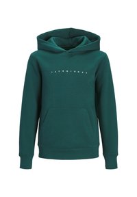 Felpa verde con una tasca a marsupio, cappuccio regolabile con cordino e testo bianco "JACK & JONES" stampato sul petto. Texture del tessuto morbida.