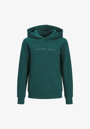 Zelená mikina s klokaní kapsou, s nastavitelnou kapucí na šňůrku a bílým potiskem "JACK & JONES" na hrudi. Měkká textilie.