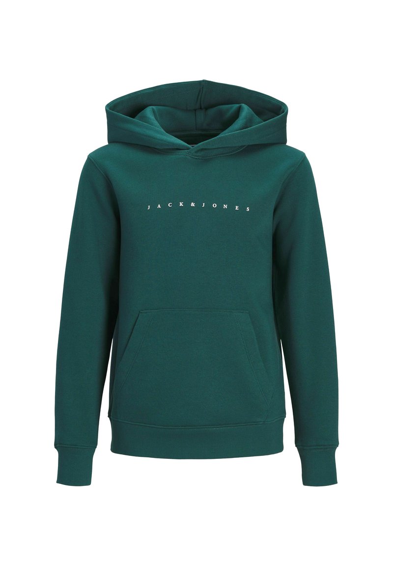 Felpa verde con una tasca a marsupio, cappuccio regolabile con cordino e testo bianco "JACK & JONES" stampato sul petto. Texture del tessuto morbida.