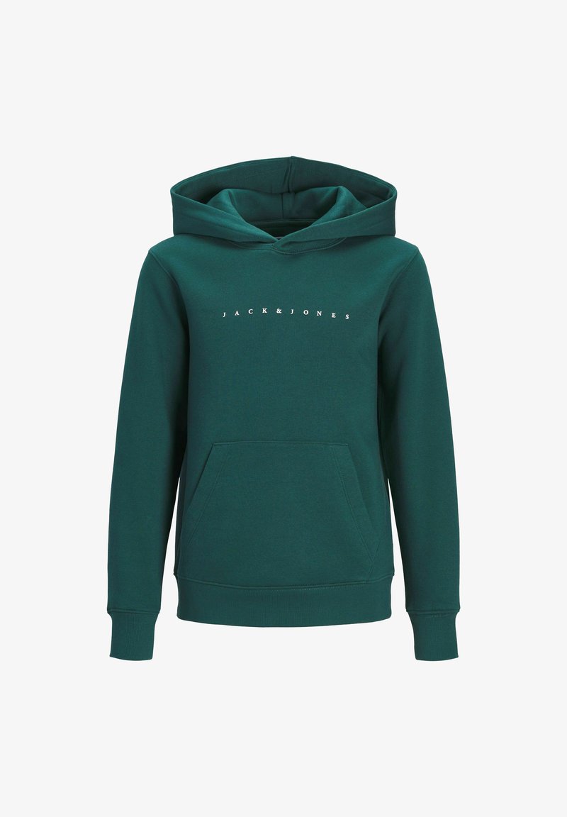 Felpa verde con una tasca a marsupio, cappuccio regolabile con cordino e testo bianco "JACK & JONES" stampato sul petto. Texture del tessuto morbida.