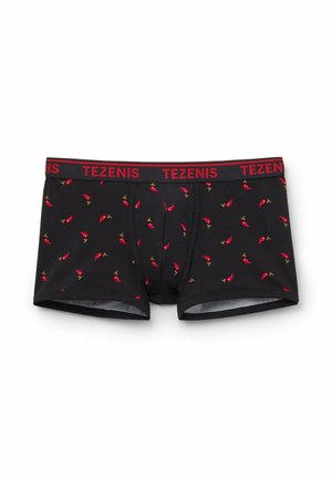 Boxer da uomo neri con un motivo ripetuto di peperoncini rossi. Fascia elastica con la scritta "TEZENIS" in grassetto rosso. Tessuto morbido e stretchy.