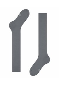 Graue Wollsocken mit glatter Textur, ausgestattet mit einem gerippten Bündchen und nahtlosem Zehenbereich. Markierungen zeigen die rechte und linke Orientierung an.