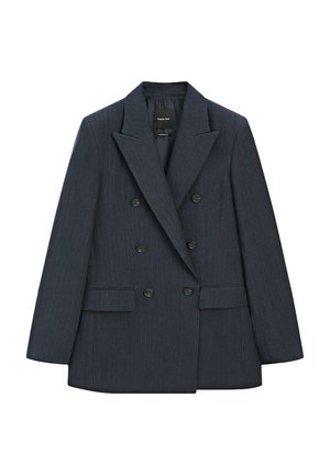 Dunkelblaues, zweireihiges Blazer mit Nadelstreifenmuster. Verfügt über einen Reverskragen, zwei Fronttaschen und schwarze Knöpfe. Glatte Textur.