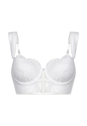 Witte kanten beha met gevormde cups, bloemenmotief en satijnen bandjes. Voorzien van een rits aan de voorkant en een gladde, gestructureerde band.