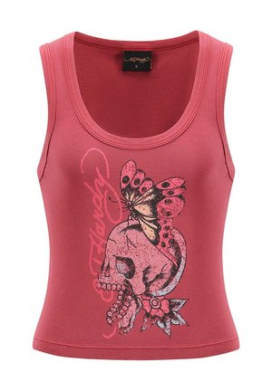 Fitted pink tank top with a round neckline, featuring a graphic design of a skull and butterfly in black and pink on the front.